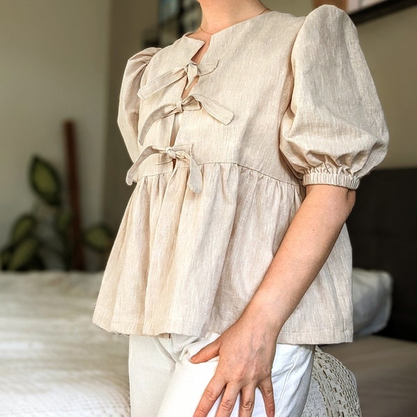 Puffed Sleeve Peplum Top Sewing Pattern PDF Front Tie Blouse XS-XXL