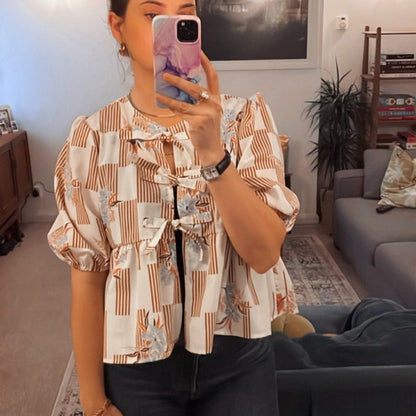 Puffed Sleeve Peplum Top Sewing Pattern PDF Front Tie Blouse XS-XXL