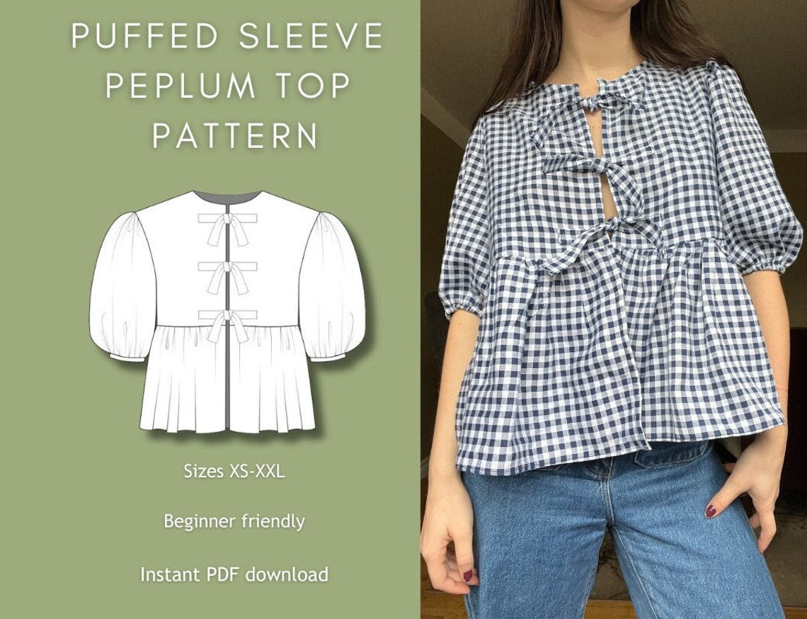 Puffed Sleeve Peplum Top Sewing Pattern PDF Front Tie Blouse XS-XXL