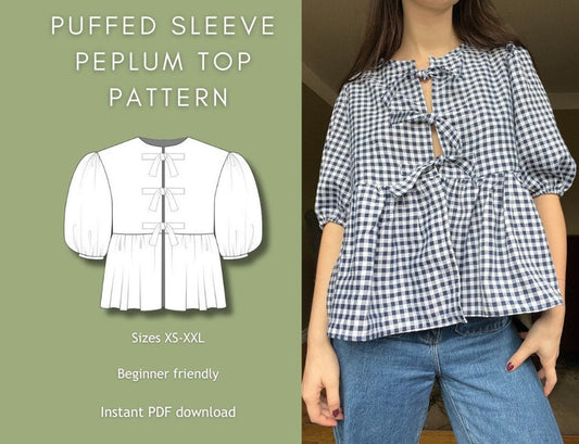 Puffed Sleeve Peplum Top Sewing Pattern PDF Front Tie Blouse XS-XXL