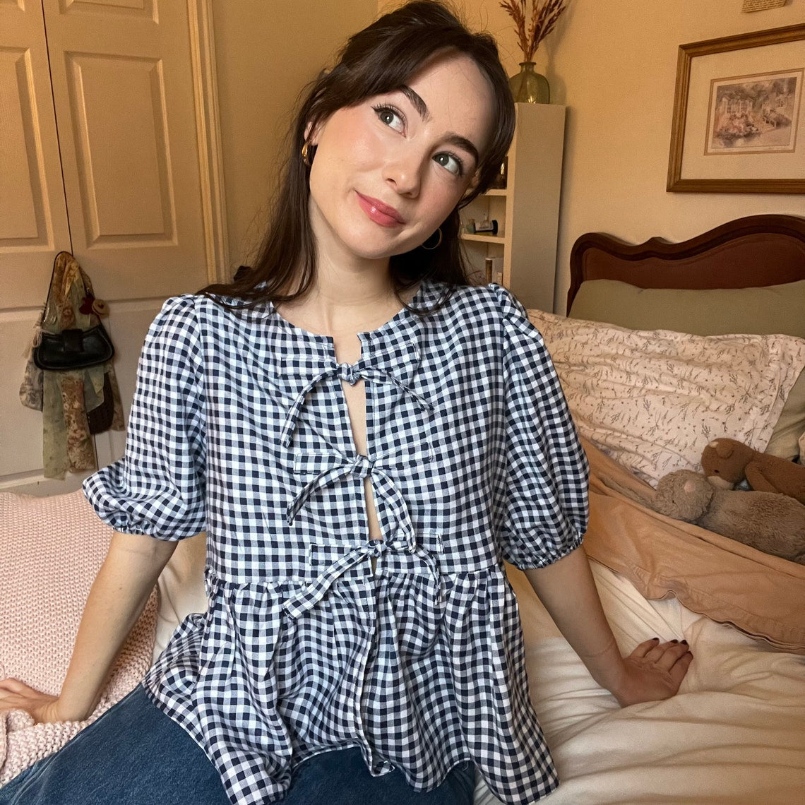 Puffed Sleeve Peplum Top Sewing Pattern PDF Front Tie Blouse XS-XXL