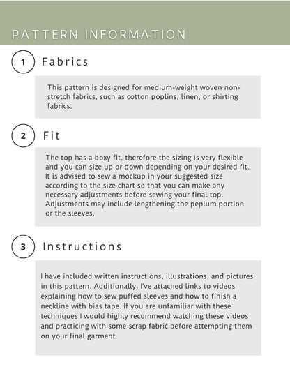 Puffed Sleeve Peplum Top Sewing Pattern PDF Front Tie Blouse XS-XXL